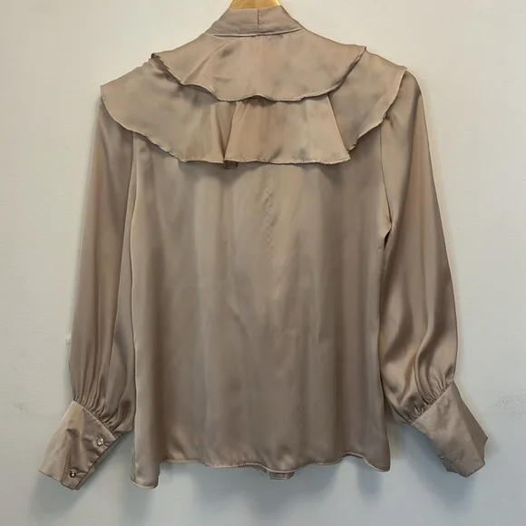 VINTAGE BERIN satin blouse top button front ruffle layers neck ties taupe large - Picture 3 of 13